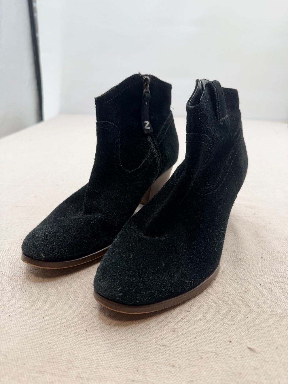 Zodiac Black Suede Ankle Booties with Low Heel and Side Zip